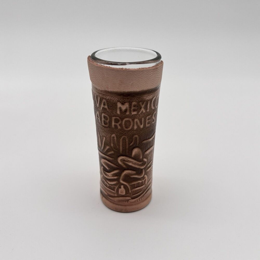 Mexican Leather Tequila Shot Glass Viva Mexico Cabrones Hand Tooled 2oz NWT